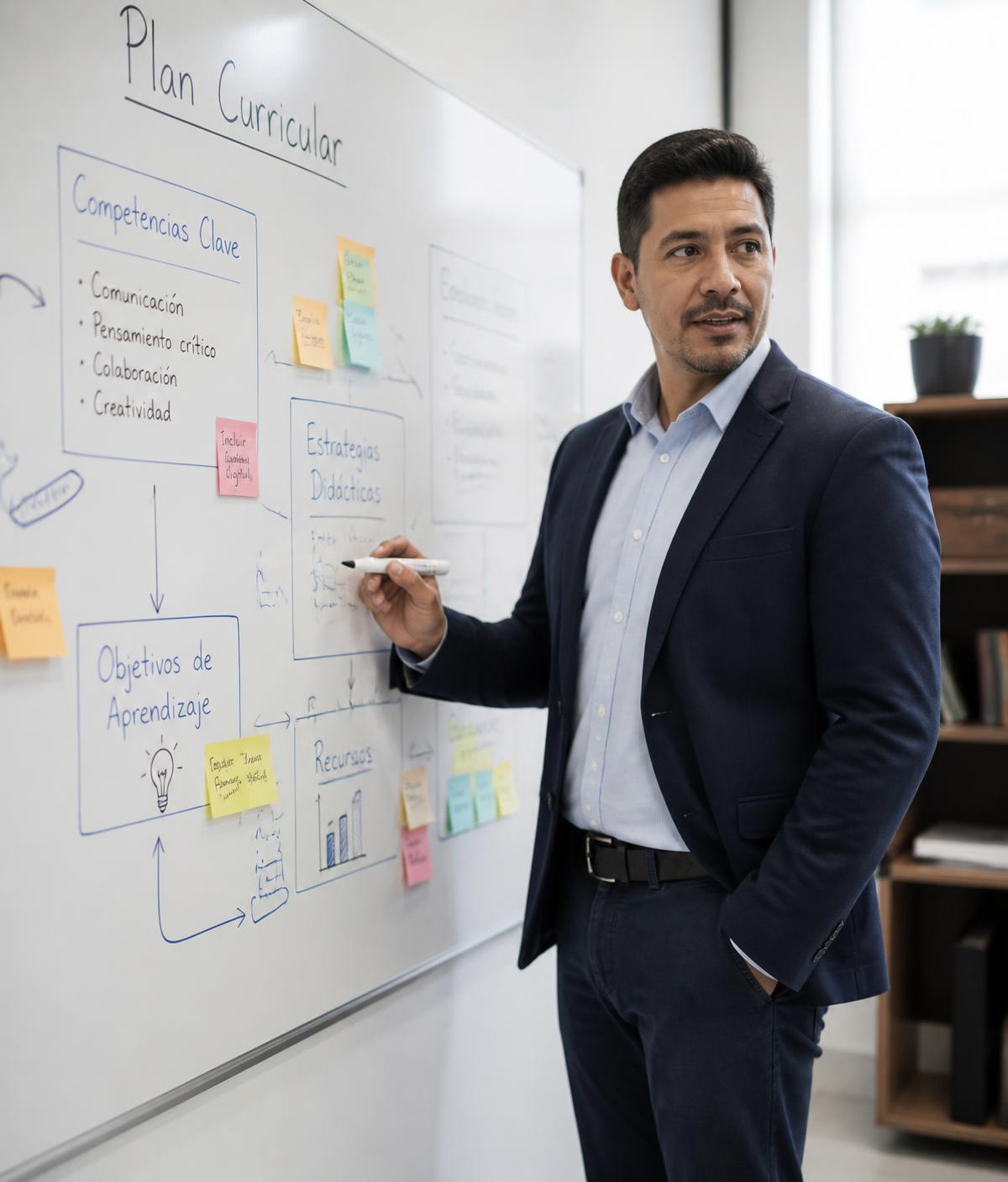 Consultor educativo asesorando el diseño curricular de una institución