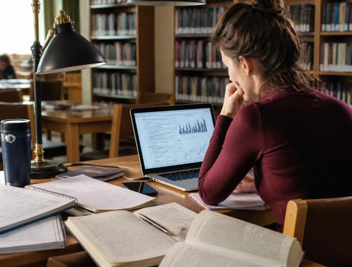 Asesoría metodológica para tesis: estudiante de posgrado analizando datos estadísticos en una biblioteca